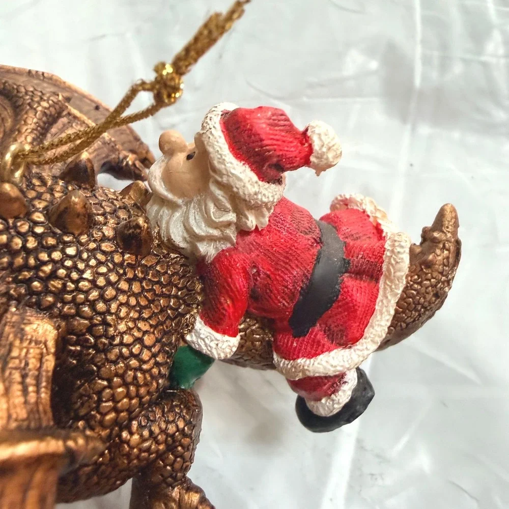 Santa Riding Dragon Christmas Ornament Bronze Fantasy Holiday Decor Mythical